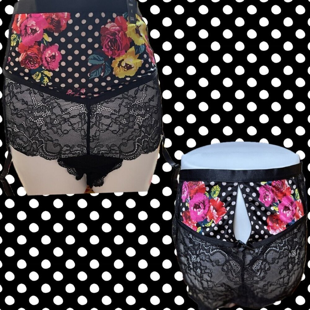 Betsey Johnson + 5 Floral Dot Print Black Lace Garter Straps High-Waist Panties